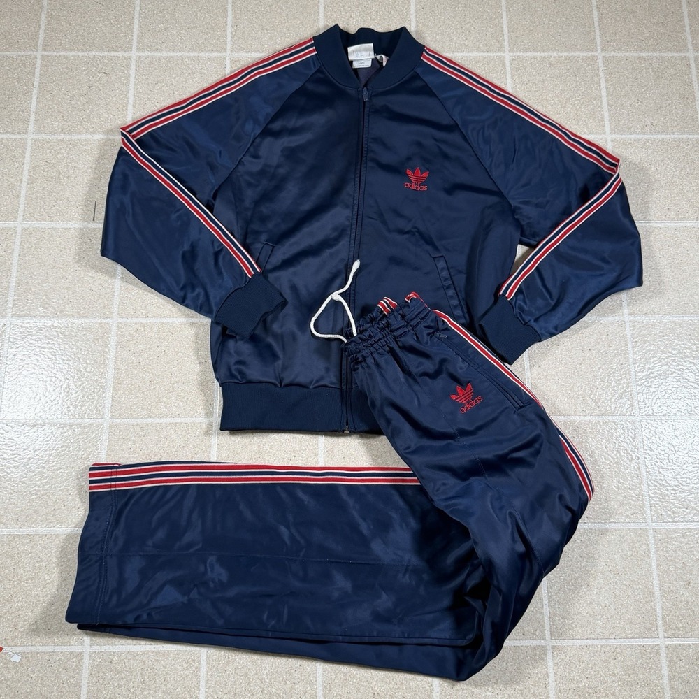 Vintage 80s ADIDAS ATP KEYROLAN TREFOIL BlUE RED THREE STRIPE TRACKSUIT SZ M